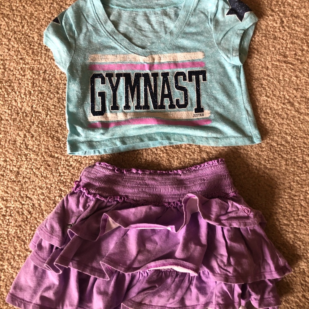 Justice blue gymnastics shirt & purple skirt
